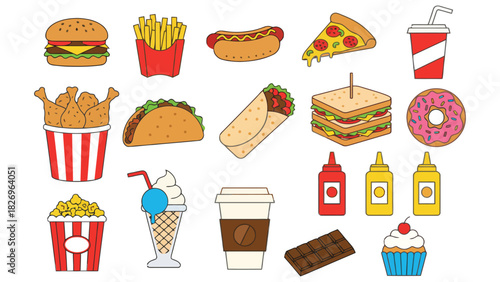 Premium Fast Food Flat Design Vector Element Set Modern Illustrations Takeout Restaurant Menu Icons Collection Isolated White Background Graphic Design Assets