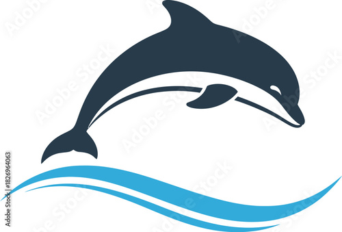 Stylized dark blue dolphin jumping over two light blue stylized ocean waves