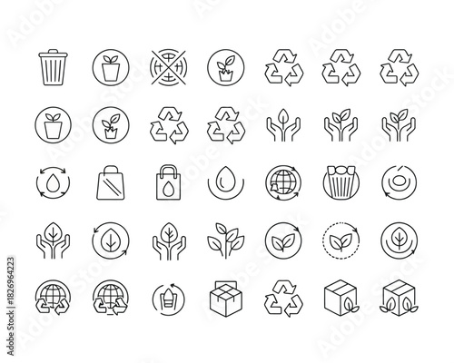 A clean vector illustration of 30 black environmentally friendly icons on a white background