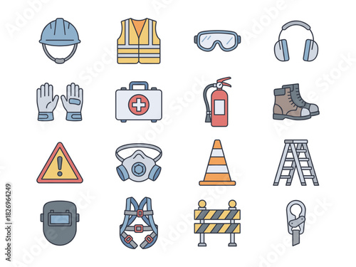 Safety Equipment Vector Illustration Set including Hard Hat, Safety Vest, Goggles, Ear Protection, First Aid Kit, and more Essential Gear for Workplace