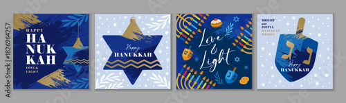 Happy Hanukkah, Love and Light creative greetings. Modern vector design with typography, star David, olive branches, menorah, dreidel, gelt and sufganiyot for covers or banners