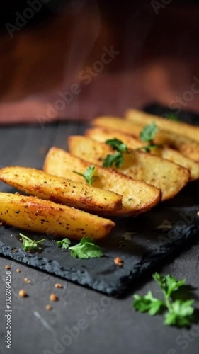 Deliciously seasoned golden potato wedges are artfully arranged on a dark slate platter garnished with fresh parsley sprigs for an appealing presentation