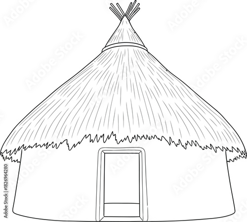 Simple black and line drawing illustration of a traditional african round hut with a thatched roof