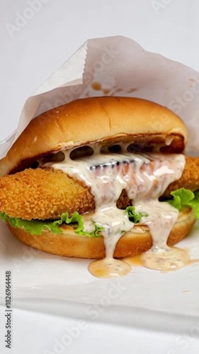 Delicious golden brown crispy fish fillet sandwich with lettuce and creamy tartar sauce in a bun served in white paper