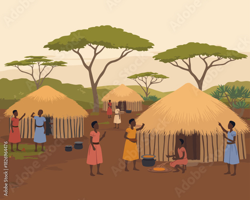 A flat 2d illustration of a traditional African village showing the daily lifestyle and community of native people in a rural settlement