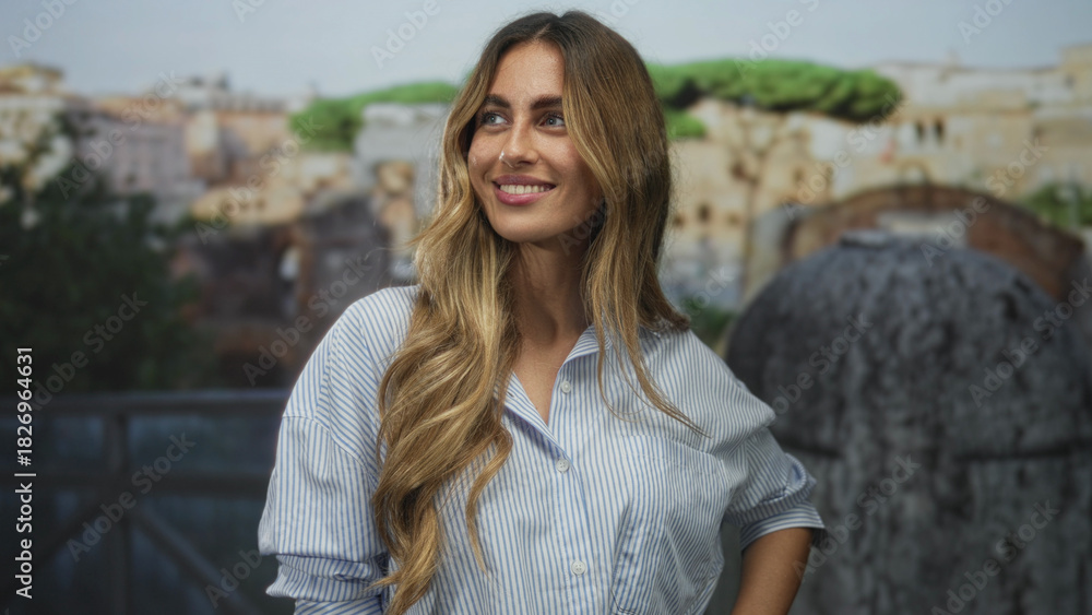 Naklejka premium Woman with hand on hip smiles and looks to side on stone balcony with city view; contentment wanderlust serenity optimism.