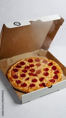 Deliciously cheesy pepperoni pizza in an open cardboard delivery box on a clean white background ready to be enjoyed