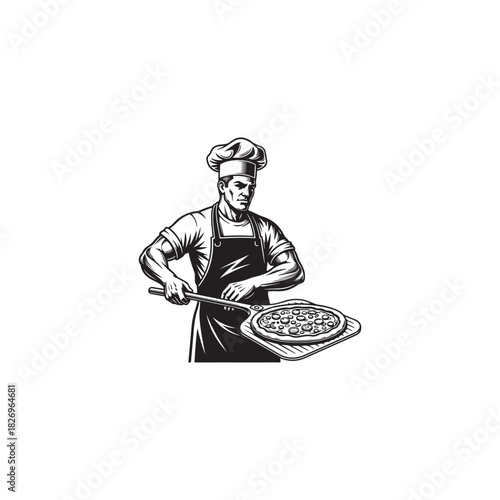 Chef holding a freshly baked pizza on a peel