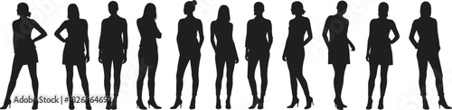 Fashion silhouettes, high heels, dress styles, standing poses, black and white, runway stance, posture study, elegance, group, minimal design