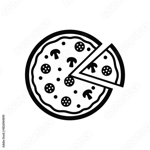 Outline pizza with pepperoni and mushroom toppings, one slice removed icon Vector, illustration