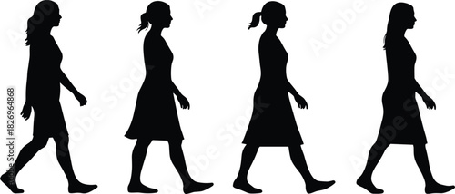 Female walking silhouettes, motion cycle, black illustration, gait study, dress posture, walking phases, right-facing figures, biomechanics, animation, movement