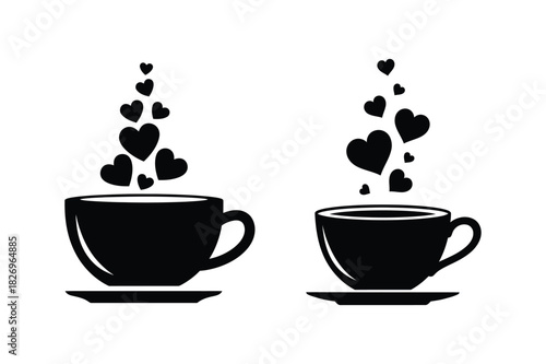 Set of cup releasing steam hearts silhouette vector illustration
