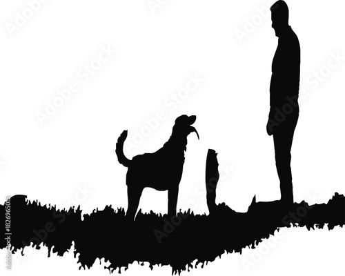 A silhouetted family scene captured Dog and person enjoying outdoors with companionship