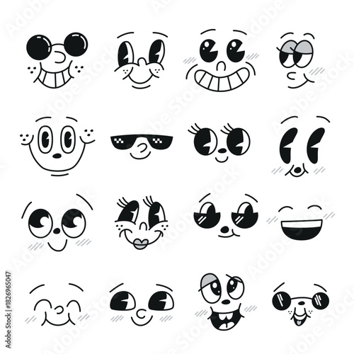 Retro 30s mascot cartoon character faces or excited face expressions vector set