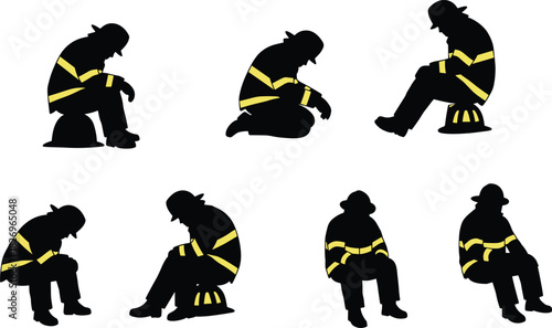 Firefighter silhouette illustration, seated resting pose, helmet and uniform detail, black icon, vector art, emergency fatigue, occupational gesture, reflective stripeFirefighter 