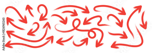 Red grunge brush hand drawn curved arrows. Doodle marker thick arrows in different directions. Grunge rough direction shape for design. Vector brush strokes illustration collection.