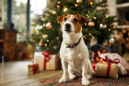 Jack Russel Terrier sitzt vor eimem Weihnachtsbaum mit Geschenken