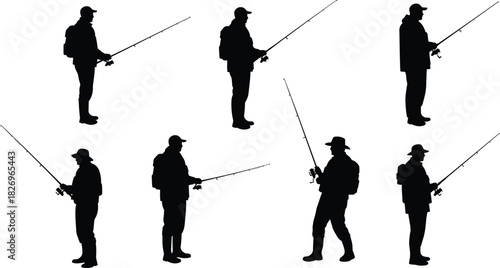 Fishing, silhouette, men, rods, outdoor, sport, hobby, black, pose, backpack, hat, casting, standing, minimal, nature, recreation, stylized, activity, gear, illustration