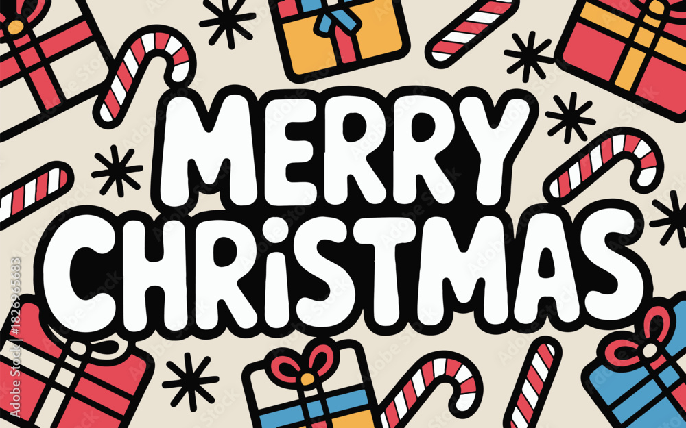 Fototapeta premium Merry christmas text with candy canes gifts and stars on a beige background holiday celebration