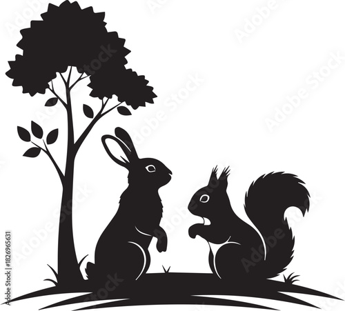 Adorable silhouette of a rabbit and squirrel interacting under a lush tree in nature