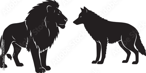 Majestic lion silhouetted facing a wild wolf in a powerful confrontation