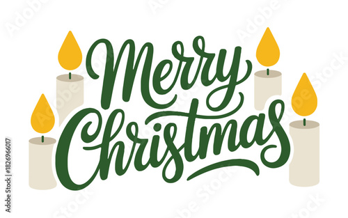 Merry christmas text with four lit candles on a white background holiday season greeting card design