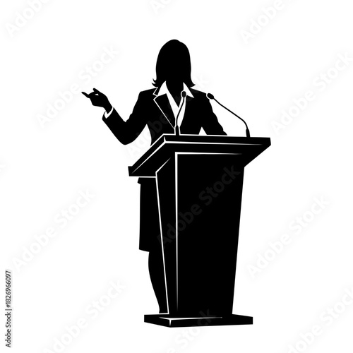 Confident Black Vector Silhouette of a Female CEO Leading at a Podium Business Leadership