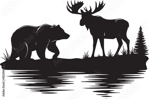 Silhouette of a majestic moose and a powerful bear by a serene forest lake at dusk