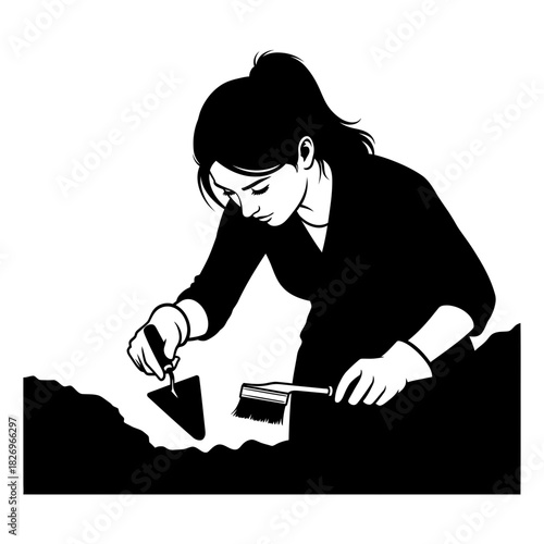 Diligent Female Archaeologist Excavating a Site Vector Silhouette History and Research