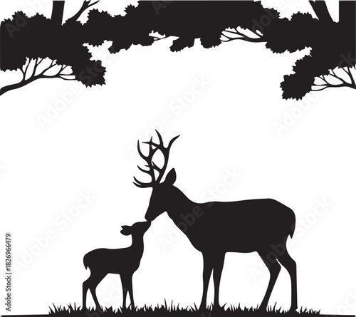 Majestic stag and fawn silhouette in forest embracing nature's serenity and wildlife beauty