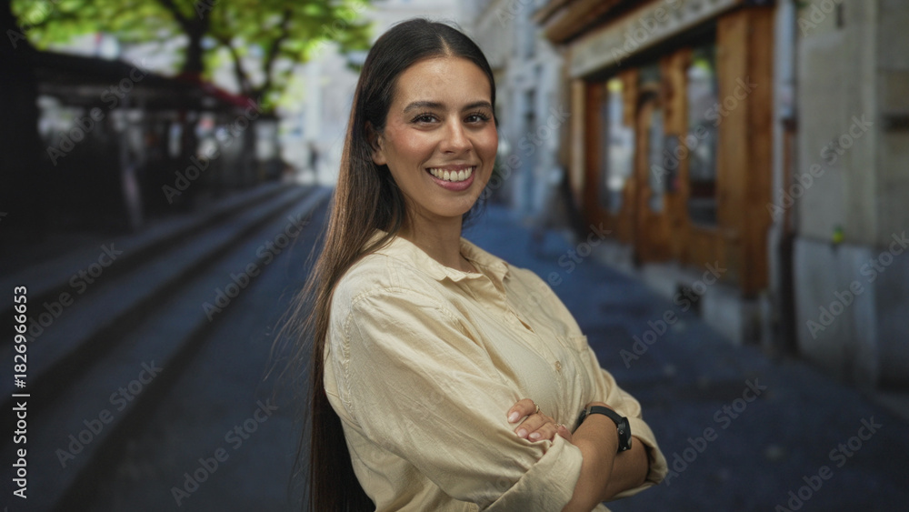 Fototapeta premium Woman smiling with arms crossed on street near cafe steps and wooden storefront; confidence approachability.