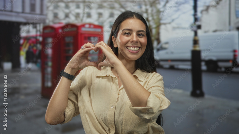 Naklejka premium Woman forming a heart with hands on a city street by red telephone booths, smiling in beige shirt and showing rings on fingers; joy love.