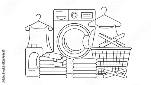 Laundry day line art illustration with washing machine clothes basket and detergent clothes pegs