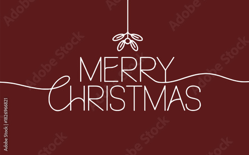 Minimalist merry christmas design with mistletoe on a maroon background in a simple line art style