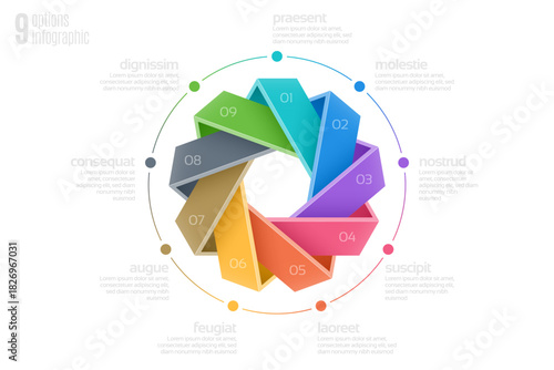 Circular diagram template with 9 options, infographic vector illustration.