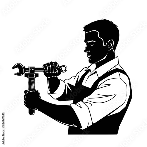Skilled Male Mechanic Expertly Tightening a Bolt Automotive Repair Service Silhouette