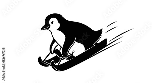 Playful Penguin Tobogganing Down a Snow Slope Antarctic Winter Wildlife Fun