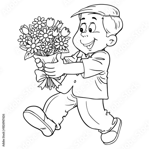 A boy in a  big bouquet of flowers outlined for coloring page on white background