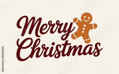 Merry christmas text with gingerbread man cookie on a light beige background illustration image
