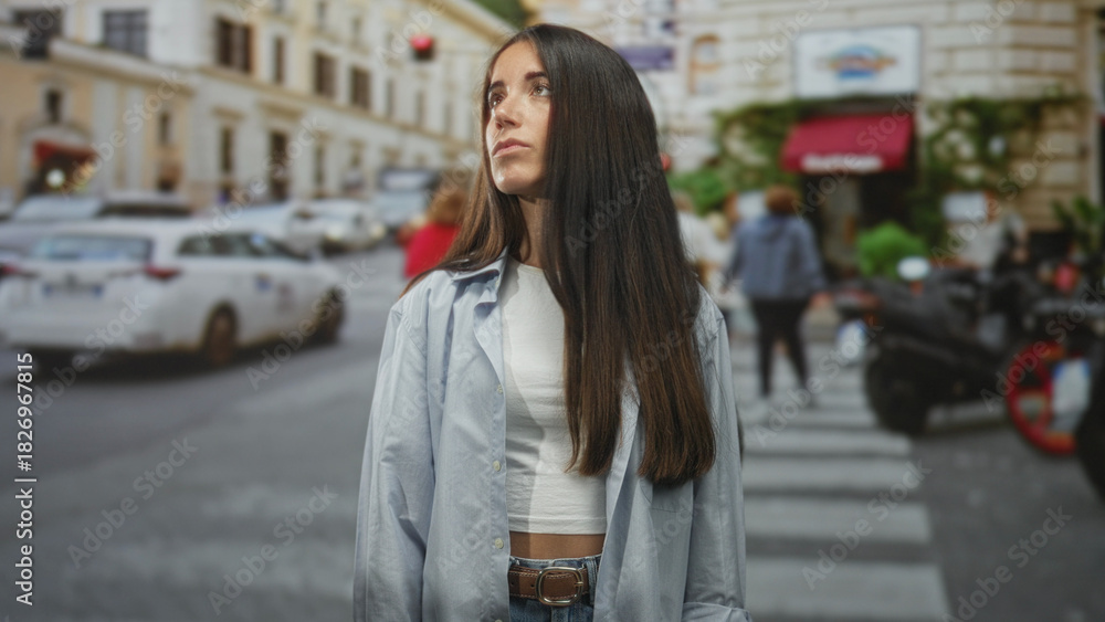Fototapeta premium Woman with bare midriff and long hair, standing with eyes closed and head tilted up on a street; serenity introspection.