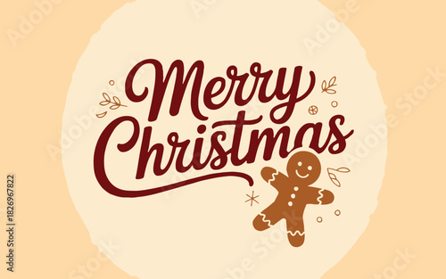 Merry christmas greeting card with gingerbread man and decorative elements on a cream background
