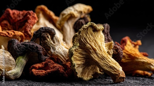 Close up macro view of dried wild mushrooms showcasing their textured caps and stems against a dark background