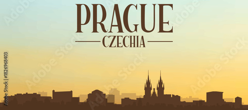 Panoramic poster of the city skyline with misty background buildings, hills sunrise, sunset and clouds of PRAGUE, CZECH REPUBLIC
