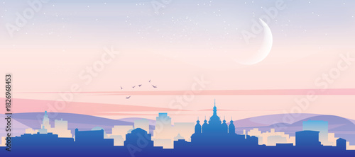 Panoramic poster of the city skyline with misty background buildings, hills sunrise, sunset and clouds of KYIV, UKRAINE