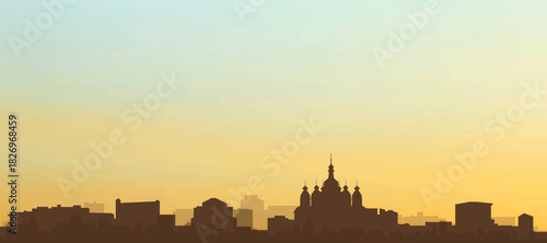 Panoramic poster of the city skyline with misty background buildings, hills sunrise, sunset and clouds of KYIV, UKRAINE