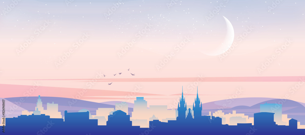 Naklejka premium Panoramic poster of the city skyline with misty background buildings, hills sunrise, sunset and clouds of PRAGUE, CZECH REPUBLIC