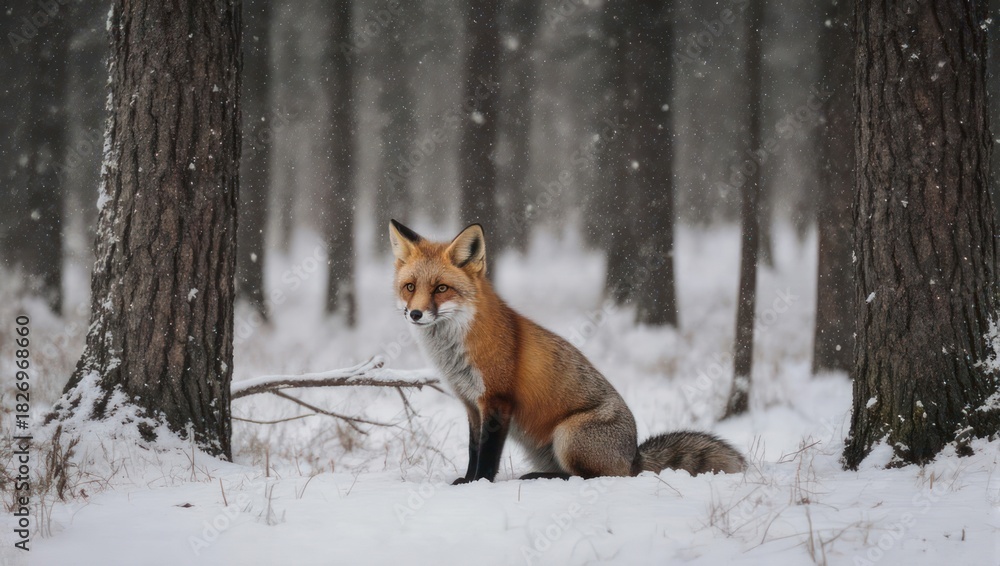 Obraz premium A fox sits alertly amid snowy forest, snowflakes gently falling. Winter scene serene