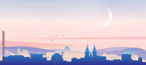 Panoramic poster of the city skyline with misty background buildings, hills sunrise, sunset and clouds of PRAGUE, CZECH REPUBLIC