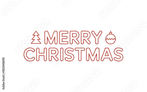 A merry christmas text with tree and ornament icons in red outline on white background design card