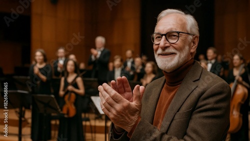 Smiling senior man applauds in a concert hall while the orchestra stands in the background. Cultural evening appreciation.